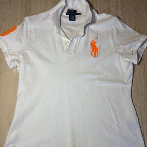 Vintage Ralph Lauren Skinny Polo shirt, White, orange details size XL, see pics